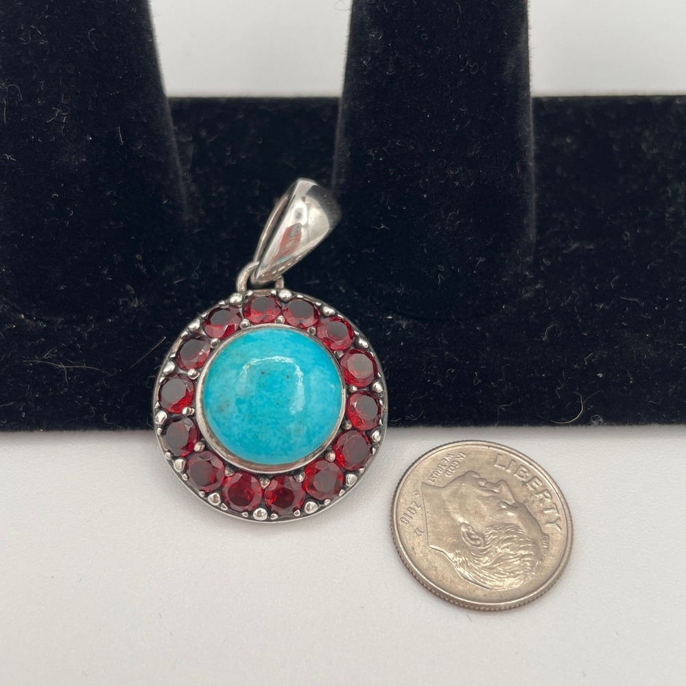 Sterling Silver Female Women OS Turquoise Garnet Halo Pendant